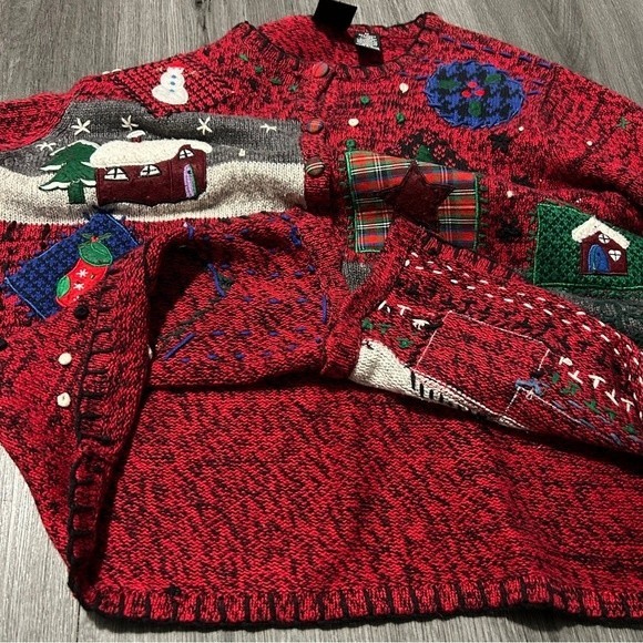 Vintage Red Embroidered Festive Holiday Cardigan Sz M Ugly Christmas Sweater - Picture 8 of 9